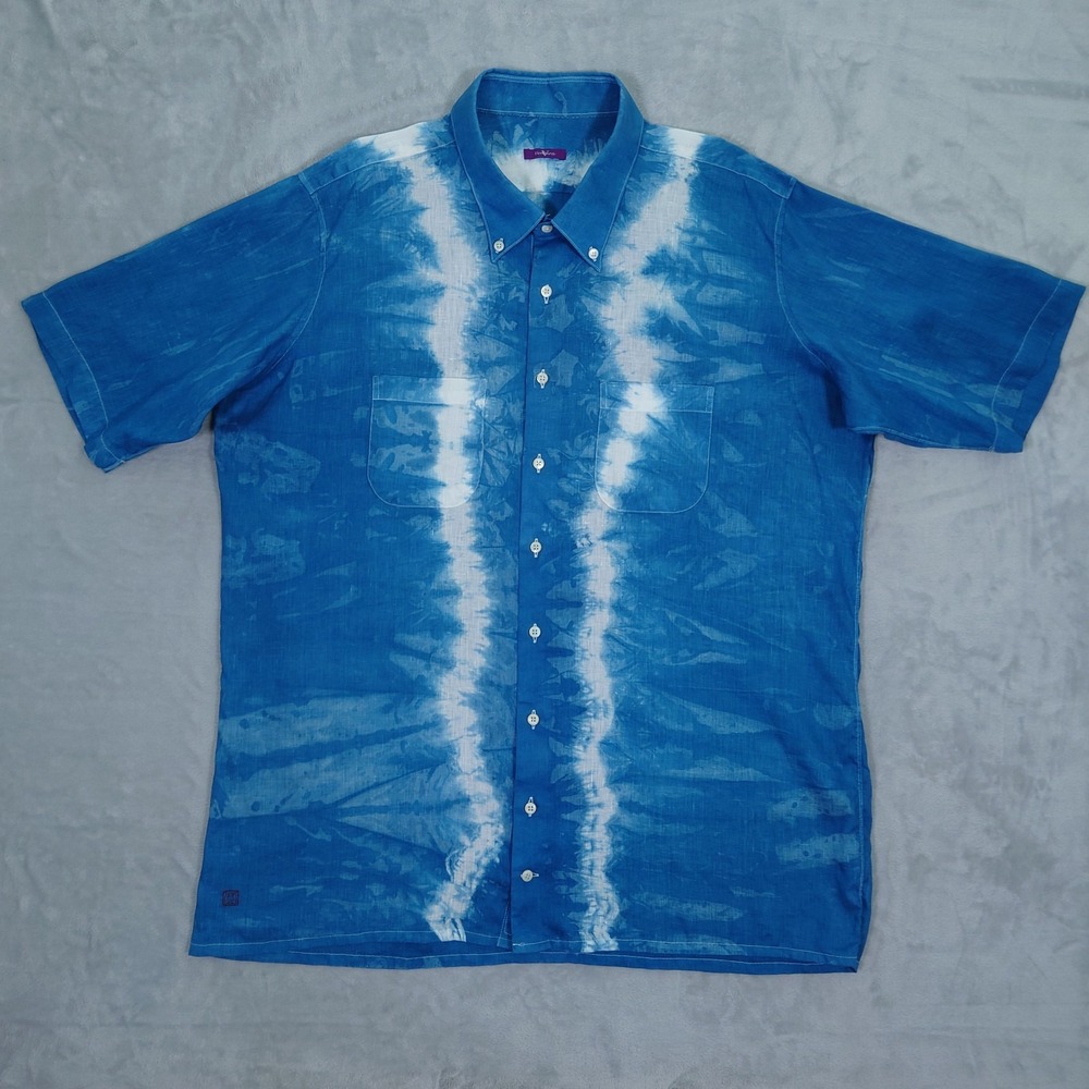 Ventura Custom Linen Shirt Mens 3XL Blue White Tie Dye Short Sleeve Button Down